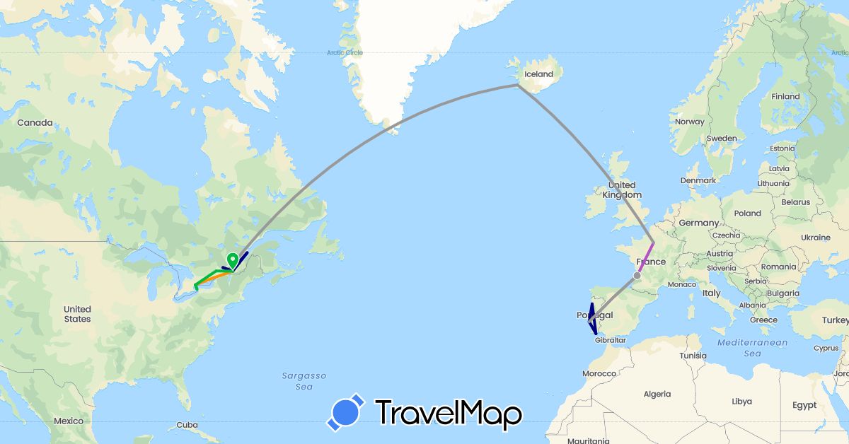 TravelMap itinerary: driving, bus, plane, train, hitchhiking in Canada, France, Iceland, Portugal (Europe, North America)